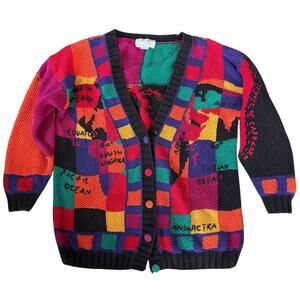 Vintage Cardigan School Teacher World Globe Whimsy Embroidered Hand Knit Sweater